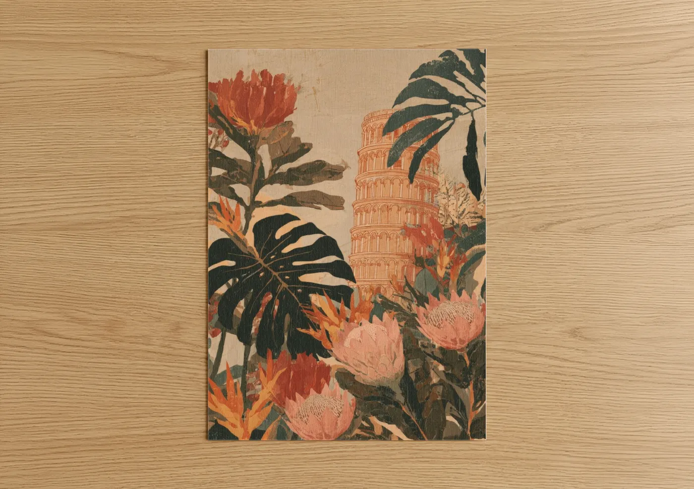 Leaning tower of pisa art print on warm oak wood — russet and cream palette — Pisa Tower Botanical poster