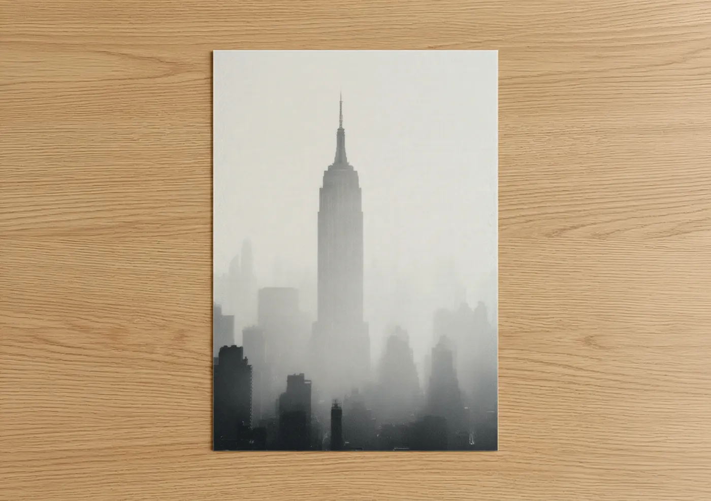 Empire state building art print on warm oak wood — black and white and gray palette — Misty Manhattan poster