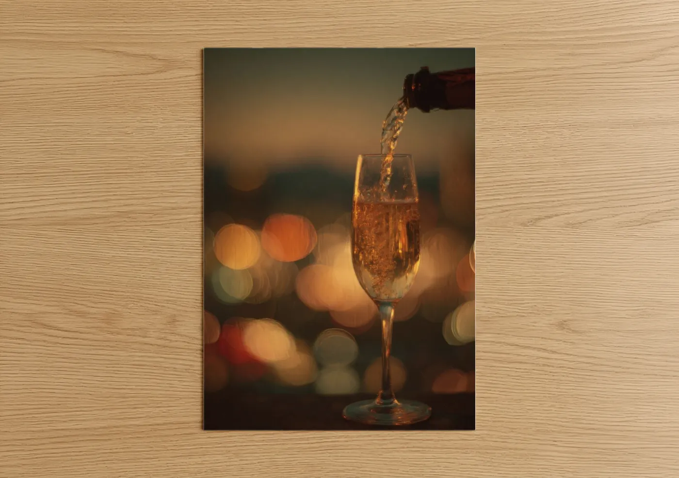 Champagne art print on warm oak wood — gold and champagne gold palette — Golden Celebration Pour poster