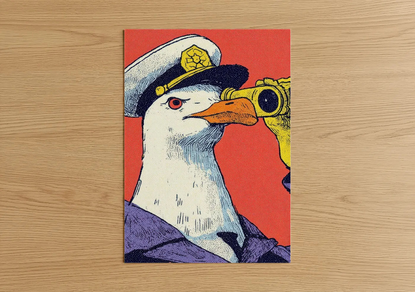 Spyglass art print on warm oak wood — red and white palette — Captain Seagull poster