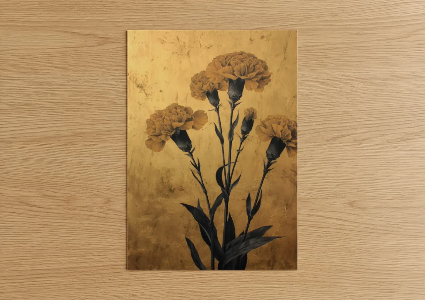 Art print on warm oak wood — gold and black and gold palette — Golden Carnations poster