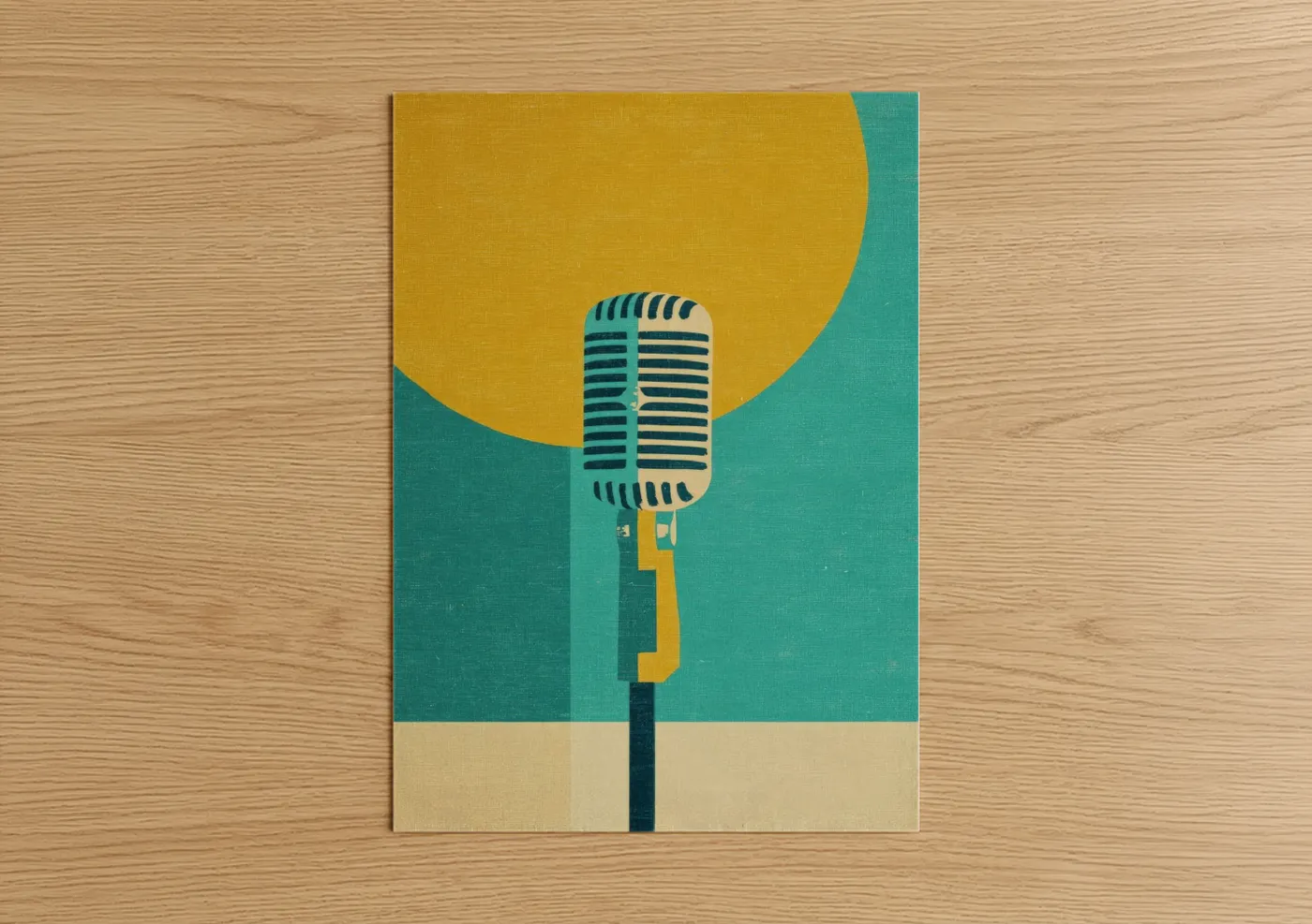 Art print on warm oak wood — gold and teal palette — Vintage Microphone poster