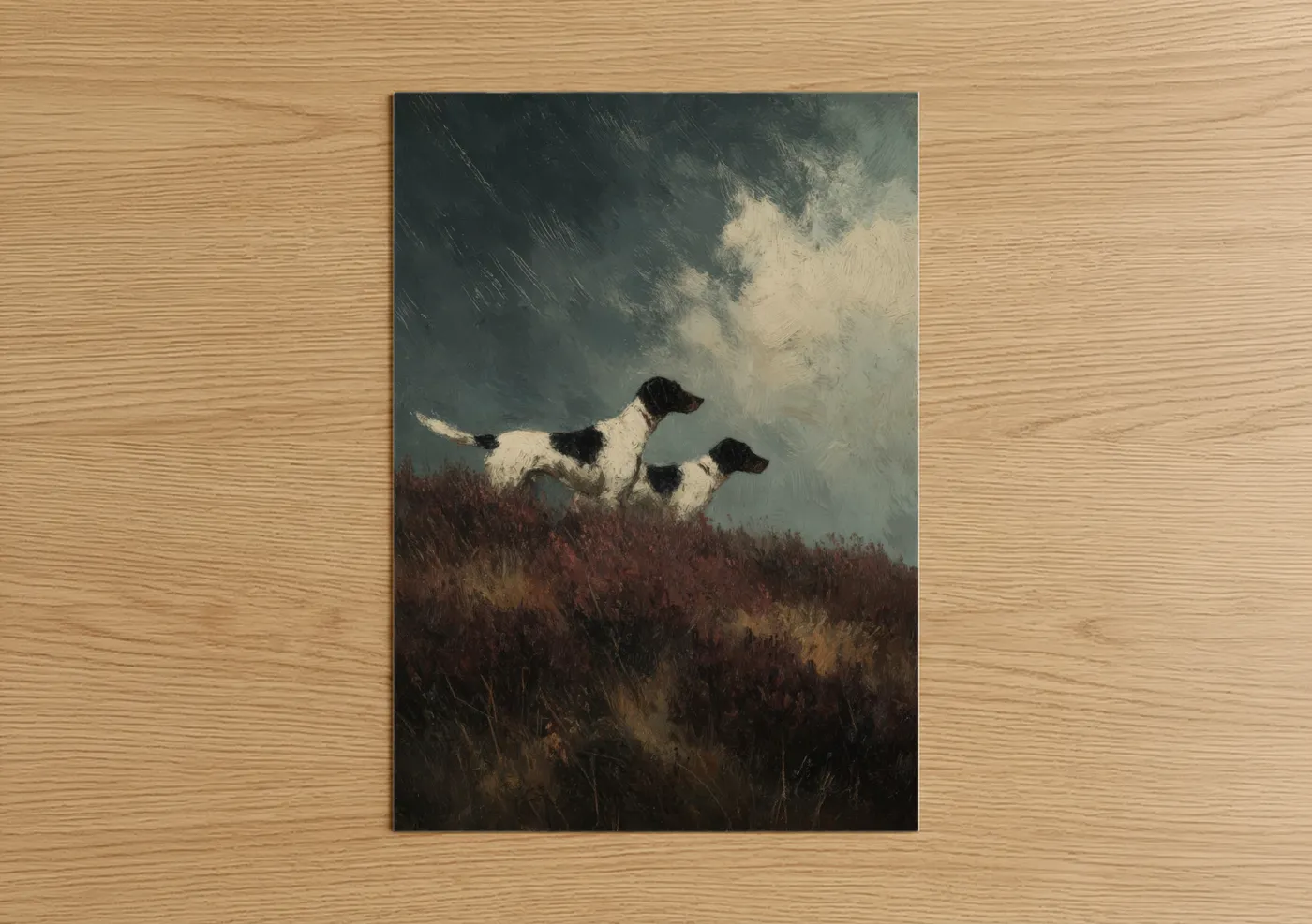 Art print on warm oak wood — gray and russet palette — Hunting Pointers poster