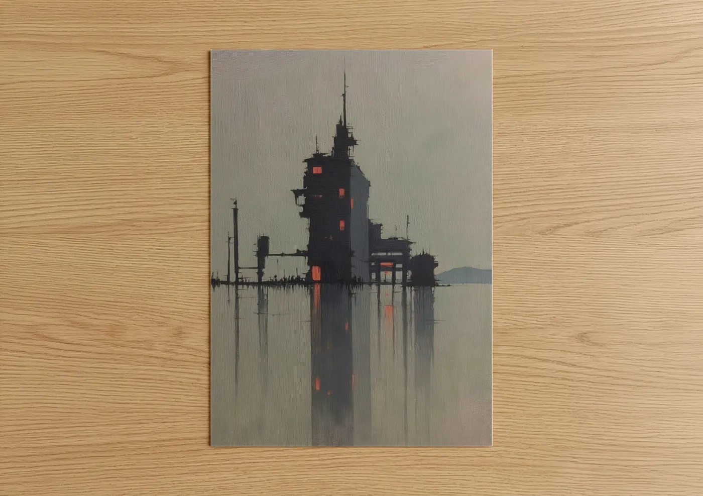 Abstract architecture art print on warm oak wood — gray and black and red palette — Misty Tower Reflection poster