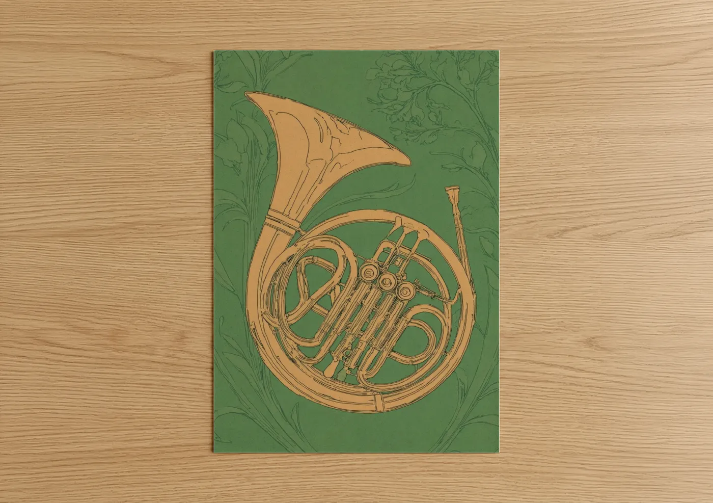 French horn art print on warm oak wood — sage green and gold palette — Golden Horn Botanical poster