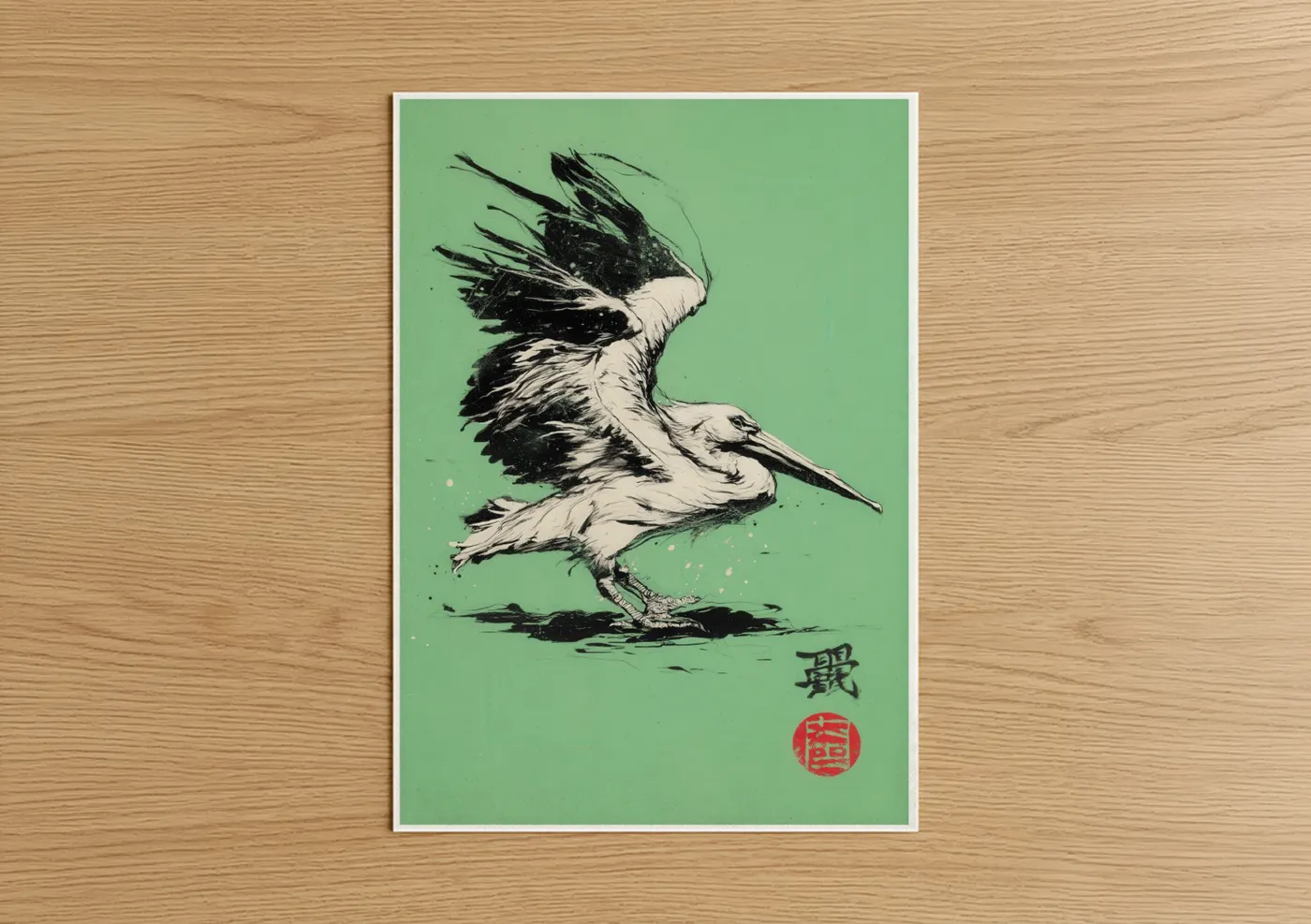 Art print on warm oak wood — light green and black and white palette — Emerald Pelican poster