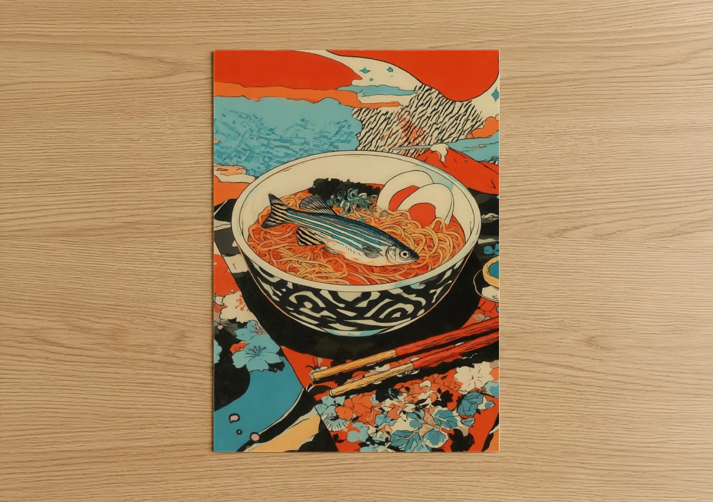 Art print on warm oak wood — orange and teal palette — Noodle Bowl Zebrafish poster