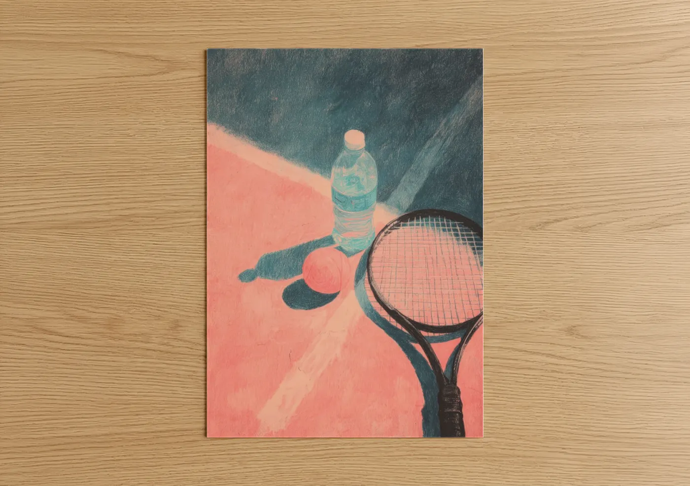 Racquetball art print on warm oak wood — salmon pink and teal palette — Court Shadows poster