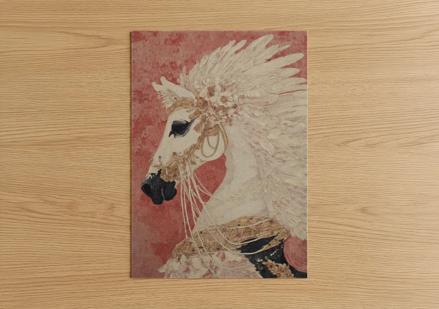 Art print on warm oak wood — rose gold and cream palette — Ornate Pegasus poster