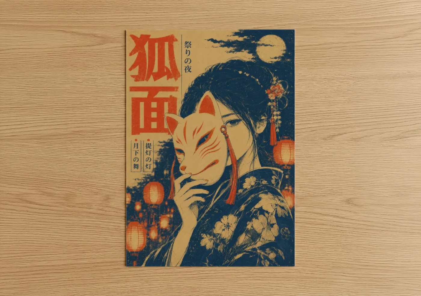 Cat art print on warm oak wood — blue and cream palette — Japanese Kitsune Moon Festival Wall Art poster