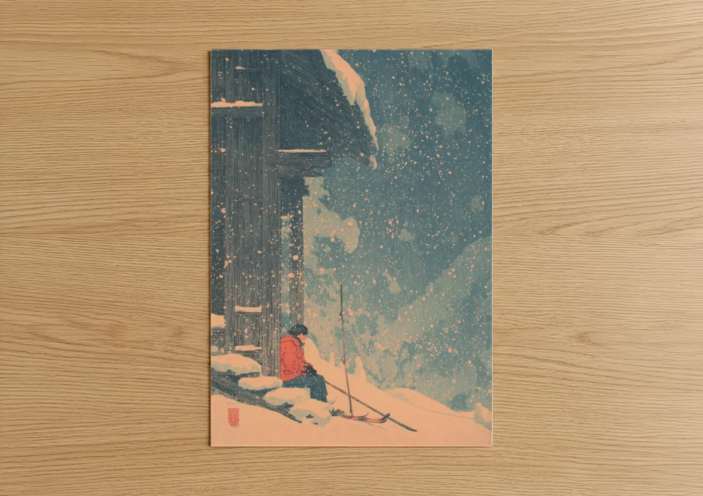 Skiing art print on warm oak wood — teal and peach palette — Snowy Mountain Skier poster
