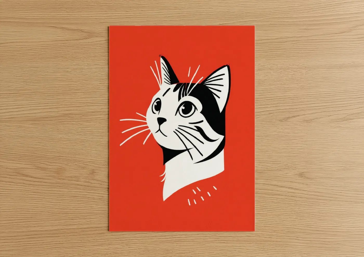 Art print on warm oak wood — red and black and white palette — Curious Cat Portrait poster