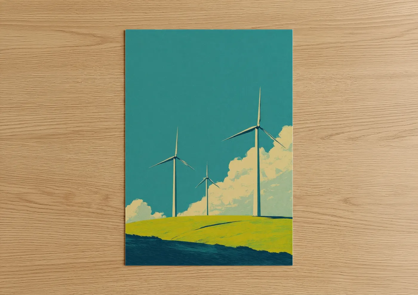 Wind turbine art print on warm oak wood — turquoise and green palette — Hillside Wind Farm poster