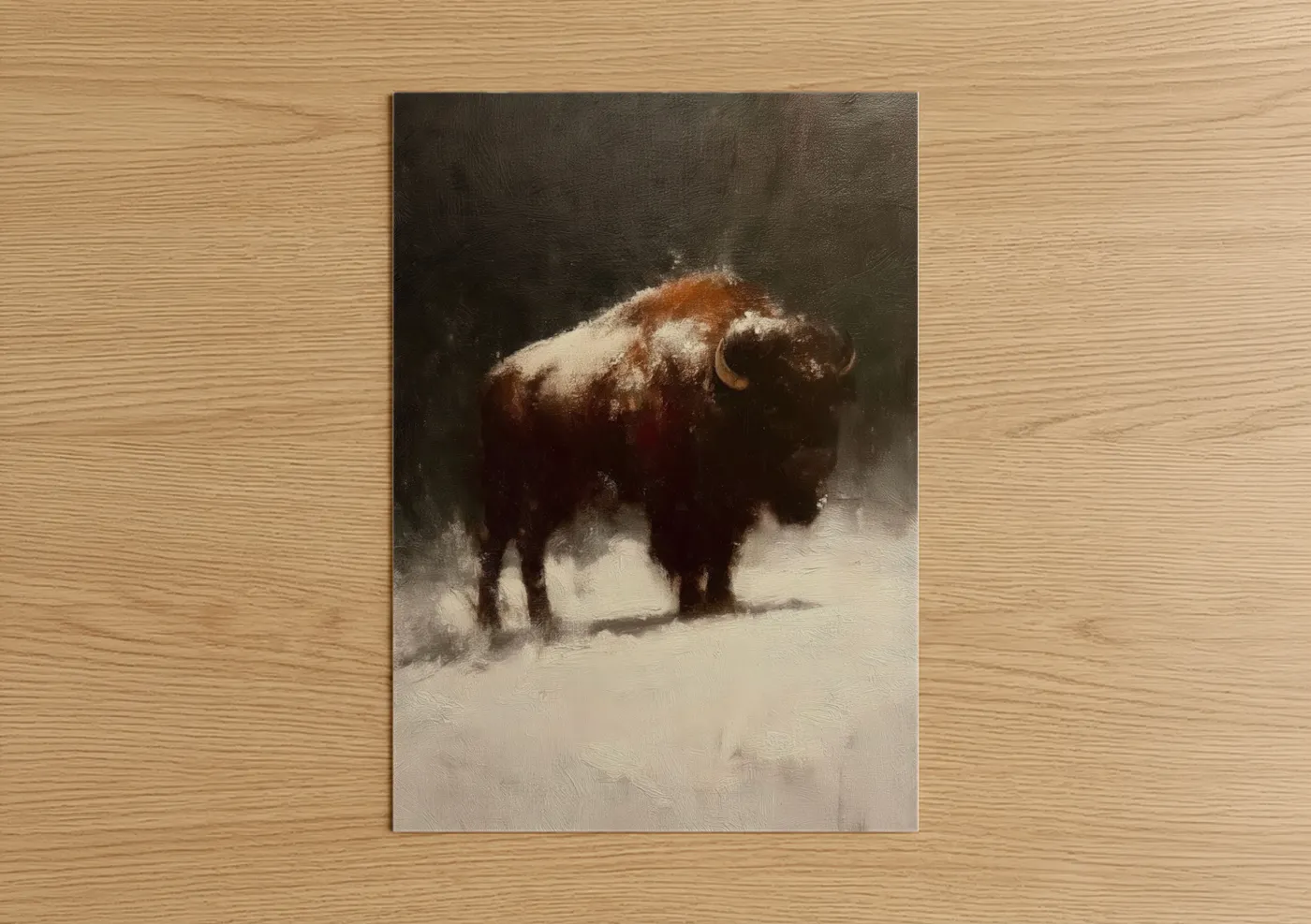Art print on warm oak wood — brown and cream palette — Snowy Bison poster
