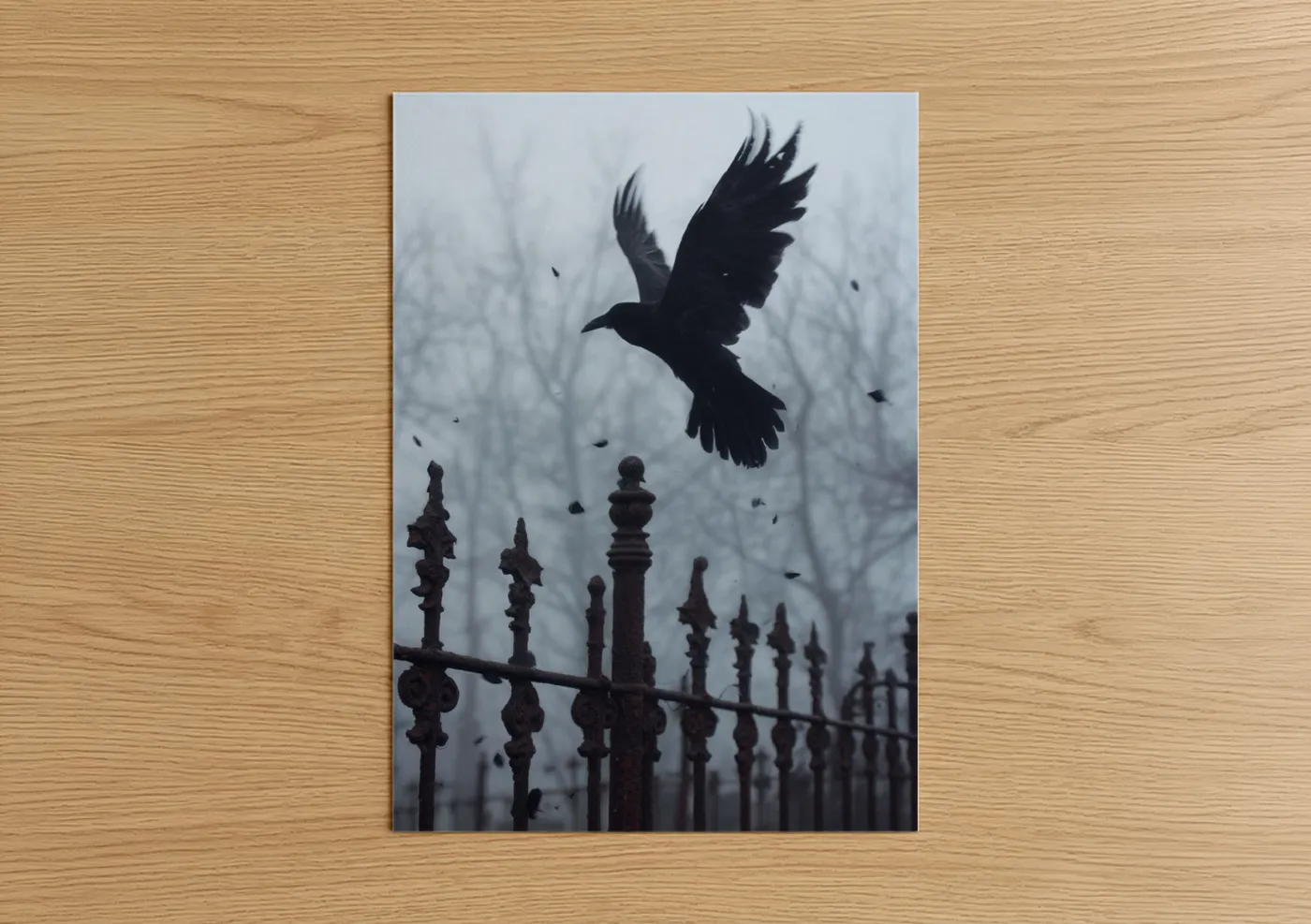 Crows and ravens art print on warm oak wood — black and white and gray palette — Moody Raven Flight poster