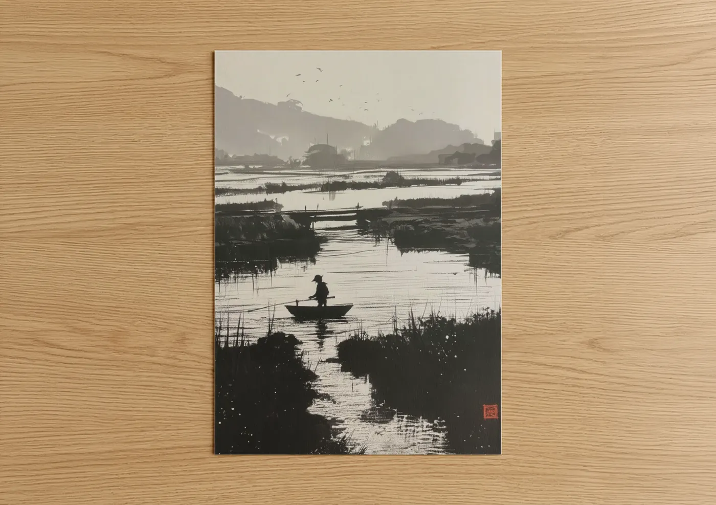 Various landscapes art print on warm oak wood — black and white and gray palette — Misty River Boatman poster