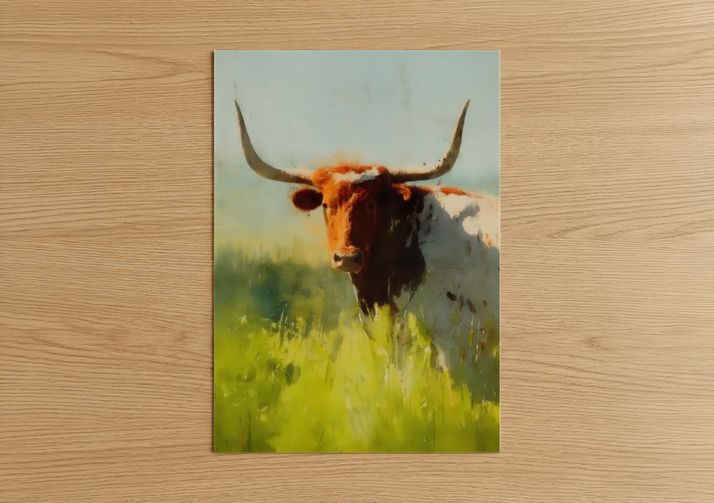 Golden Longhorn Cow in Green Field Wall Art