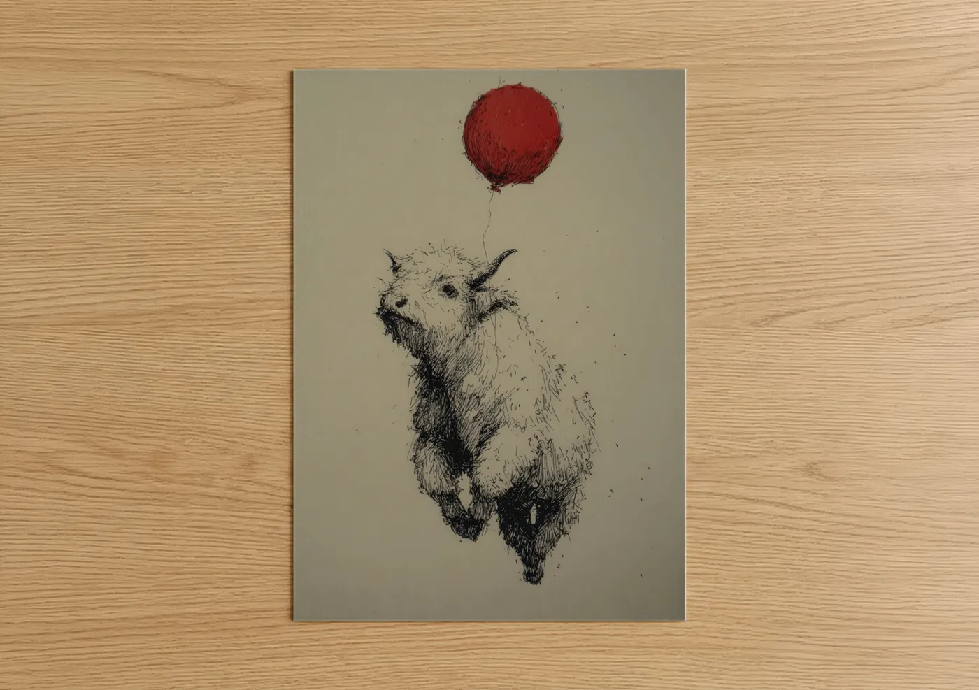 Art print on warm oak wood — black and white and red palette — Whimsical Yak poster