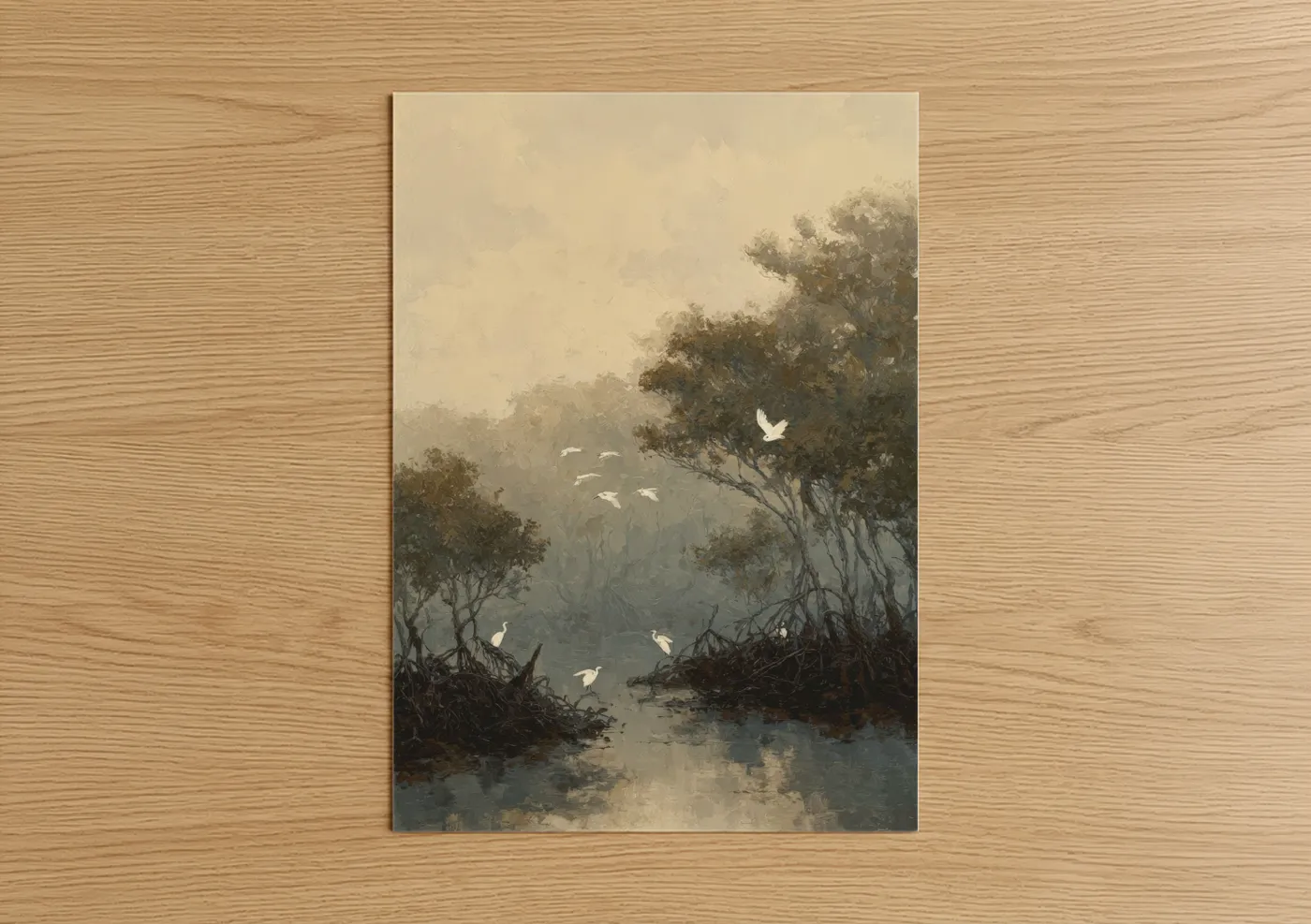 Misty Mangrove Forest Watercolor Painting Wall Art