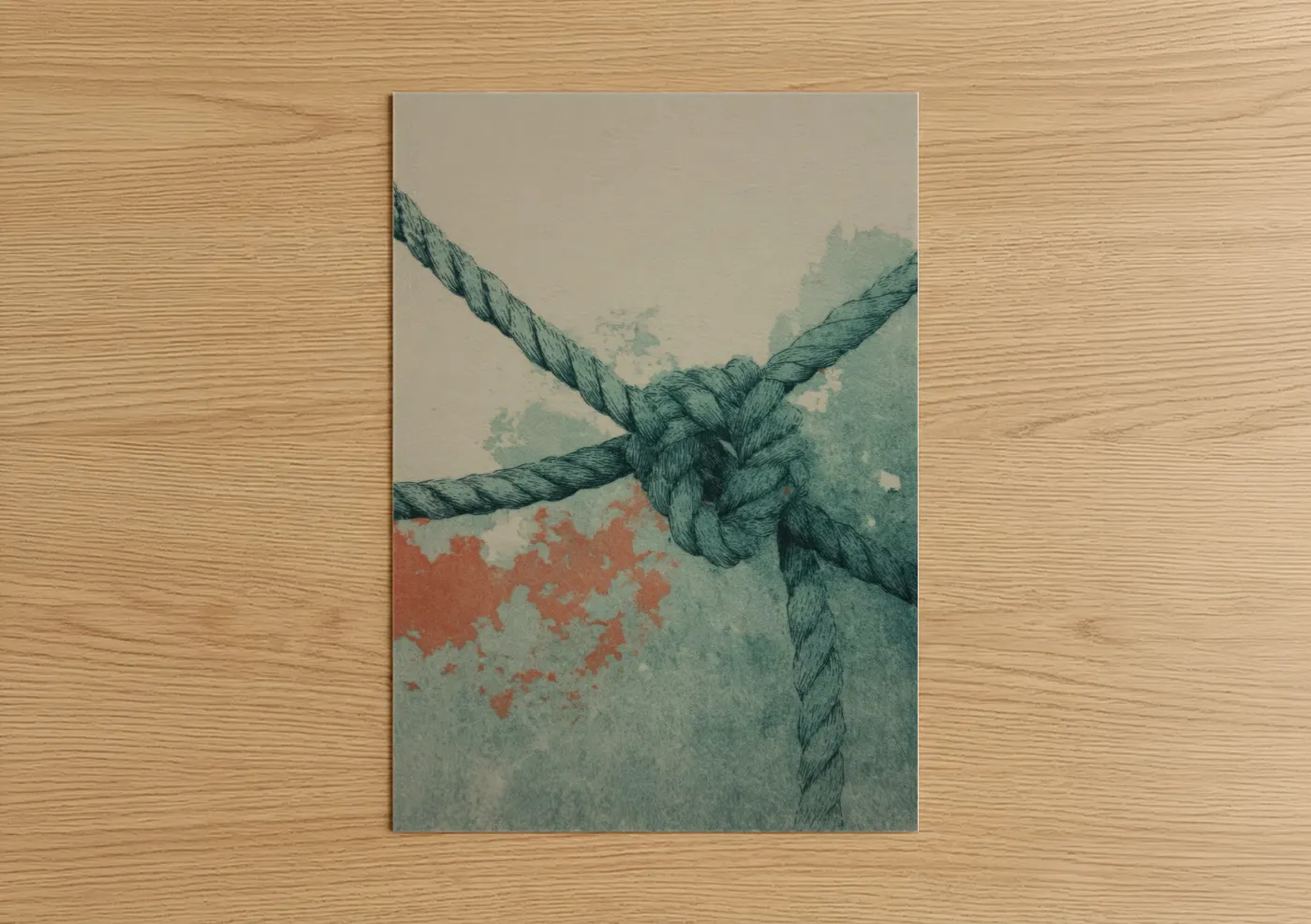 Rope knots art print on warm oak wood — sage green and russet palette — Knotted Rope Detail poster