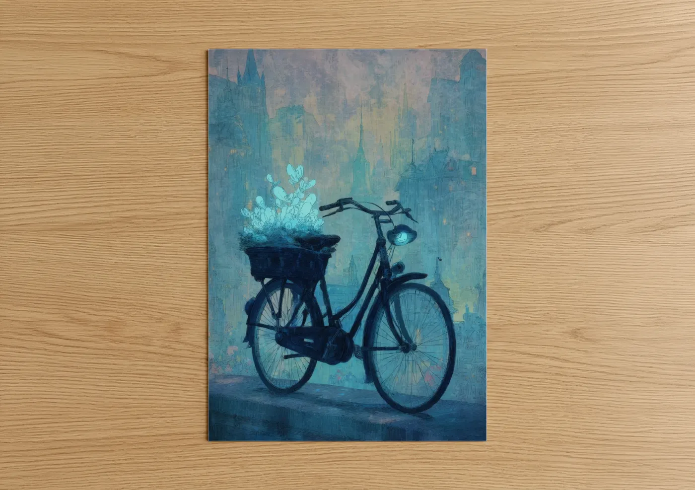 Urban bicycle art print on warm oak wood — blue and dark blue palette — Midnight Bicycle Garden poster