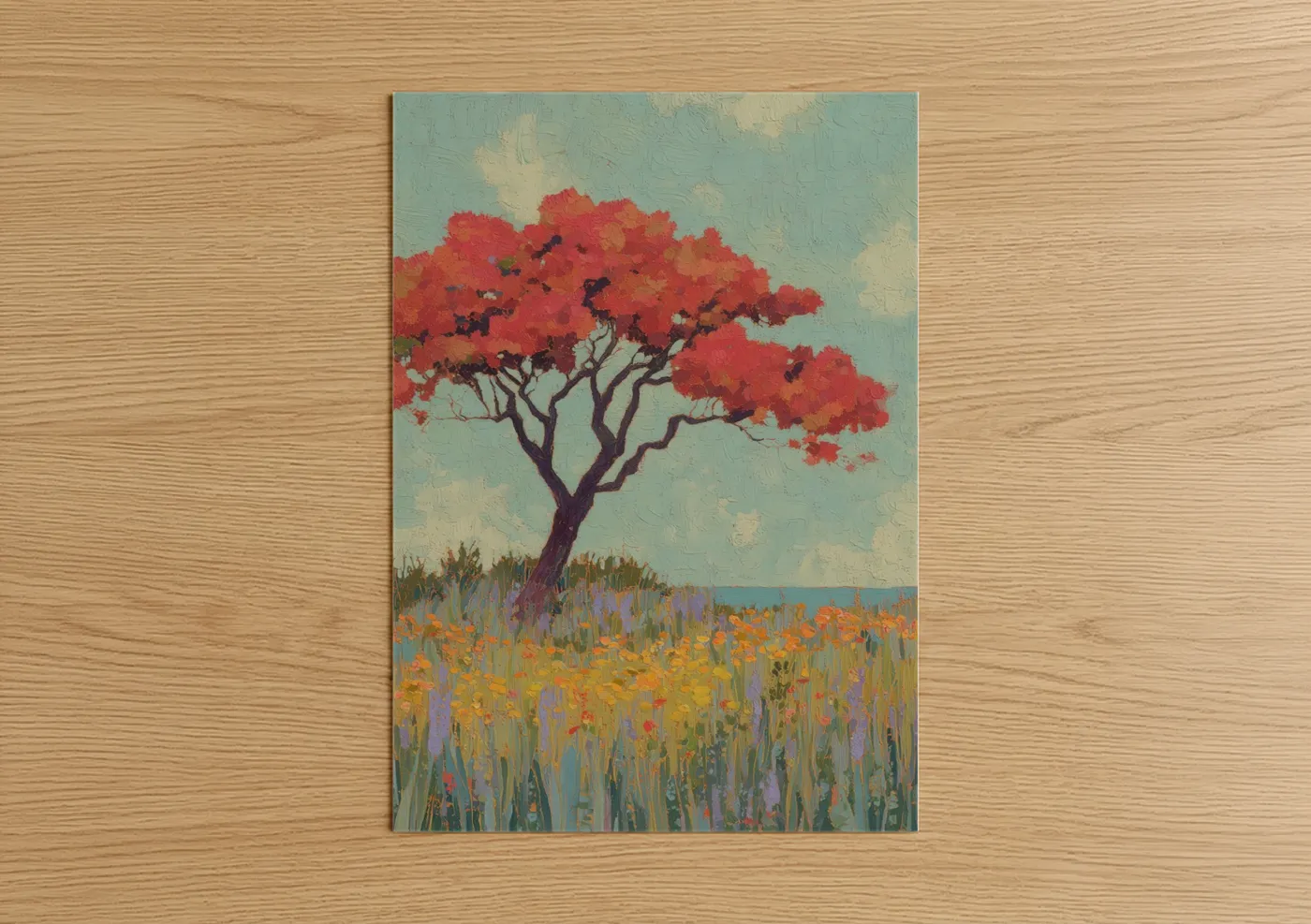 Crimson Arbutus Tree Flower Field Wall Art