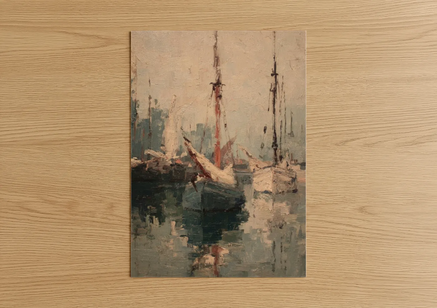 Sailing ship art print on warm oak wood — beige and dove gray palette — Misty Harbor Sailboats poster