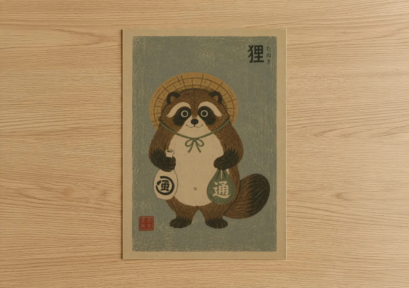 Art print on warm oak wood — beige and olive palette — Japanese Woodblock Raccoon Wall Art poster