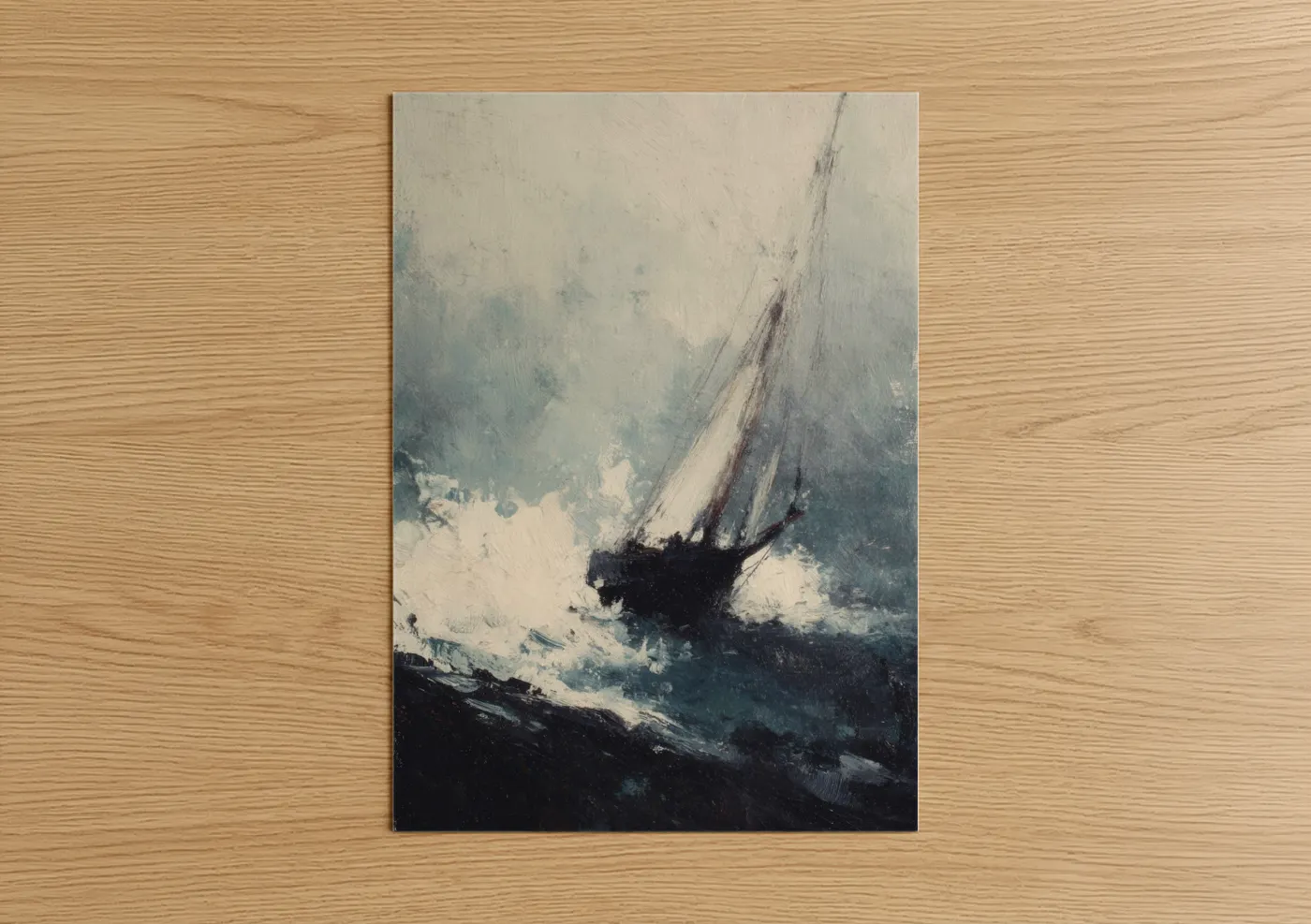 Art print on warm oak wood — gray and white and teal palette — Stormy Sailing Ship poster