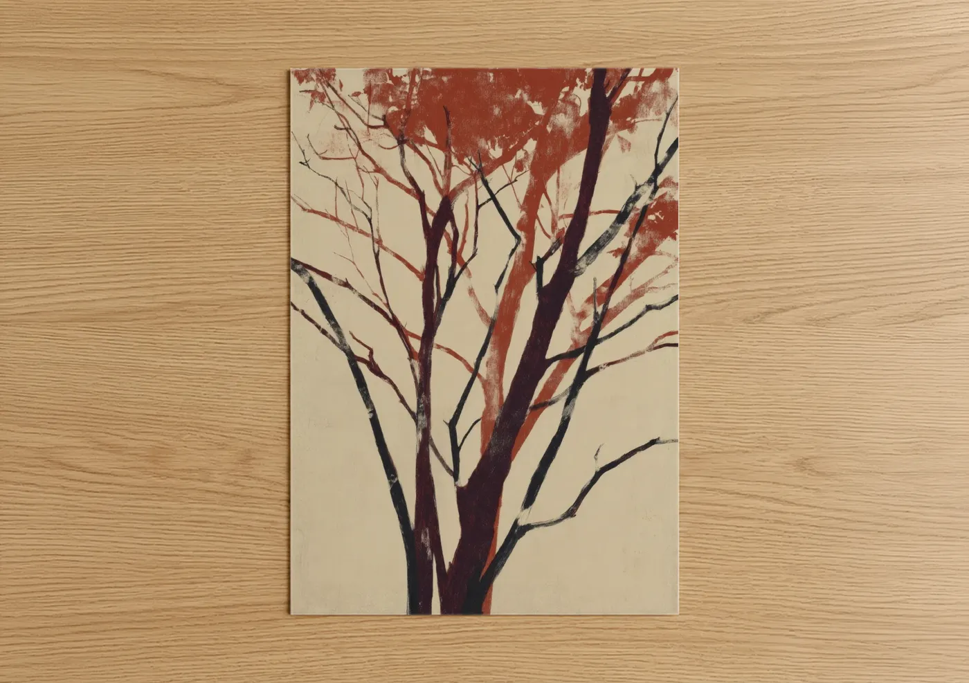 Banyan tree art print on warm oak wood — russet and cream palette — Crimson Banyan poster
