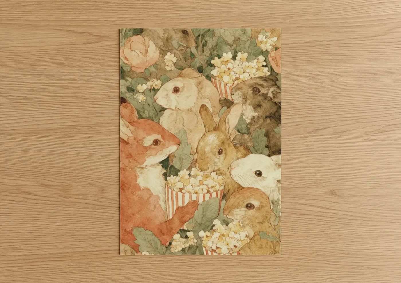 Art print on warm oak wood — sage green and cream palette — Popcorn Garden poster