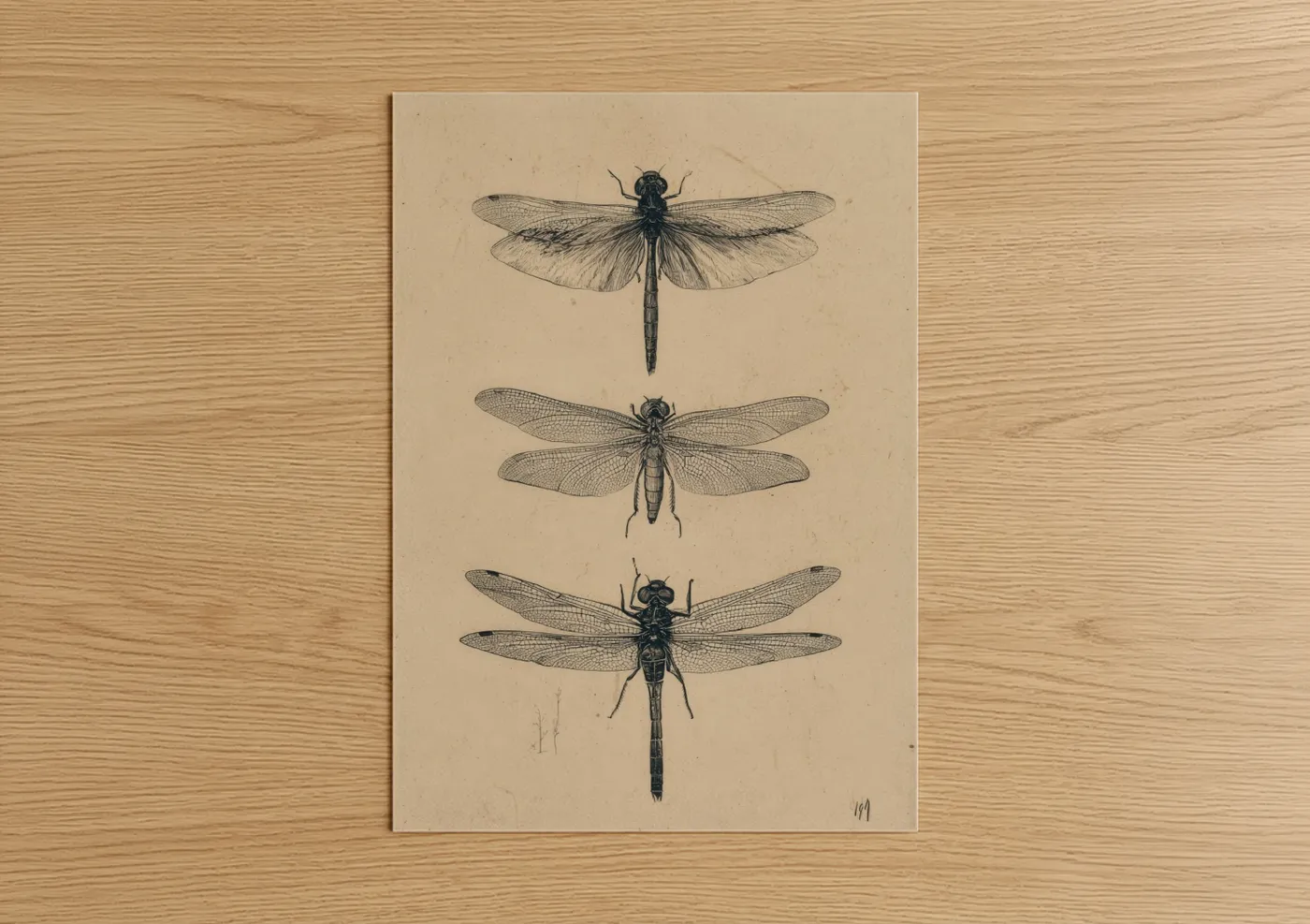 Art print on warm oak wood — beige and black palette — Vintage Dragonfly Study poster