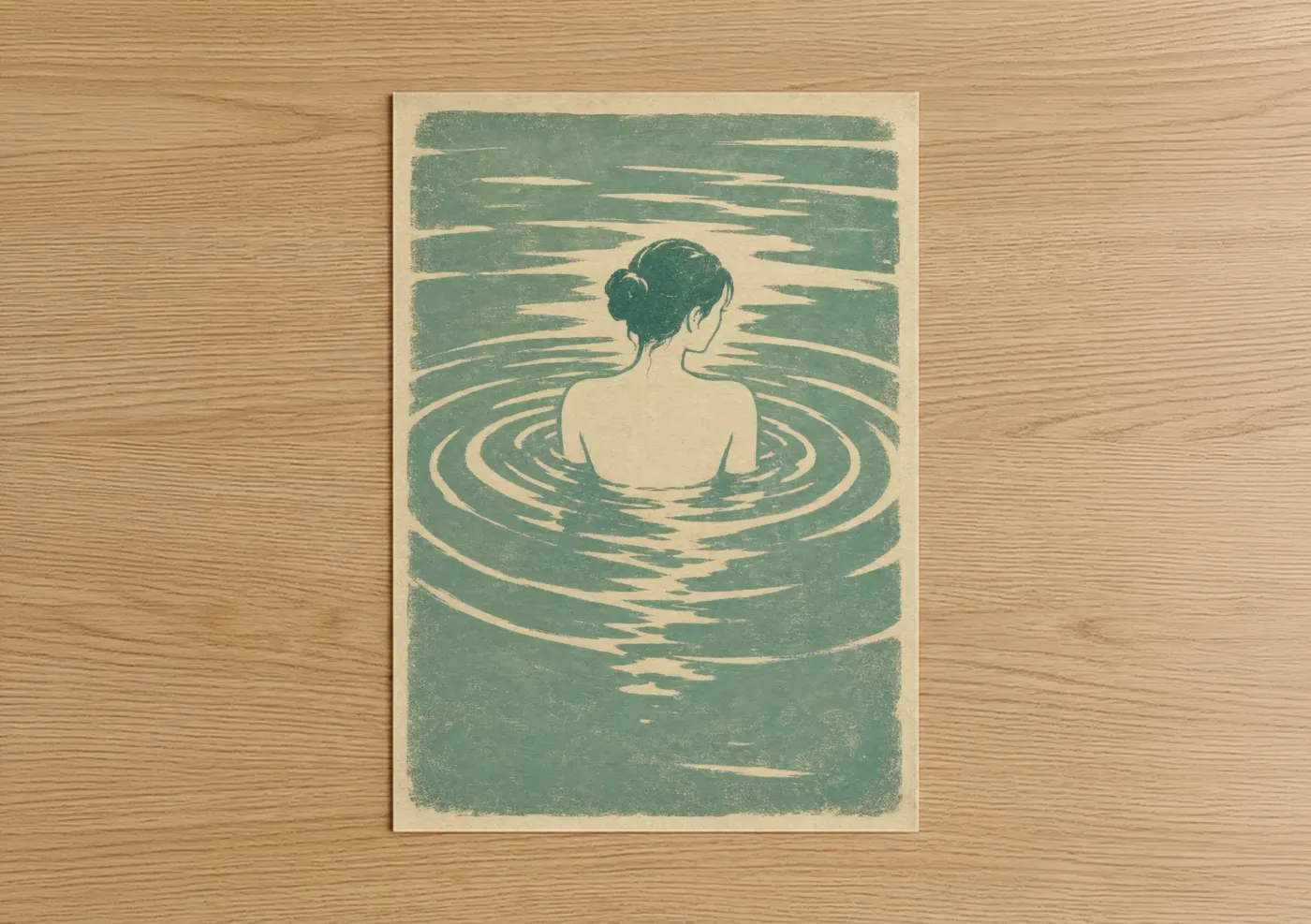 Swimming art print on warm oak wood — teal and cream palette — Woman In Water Wall Art poster