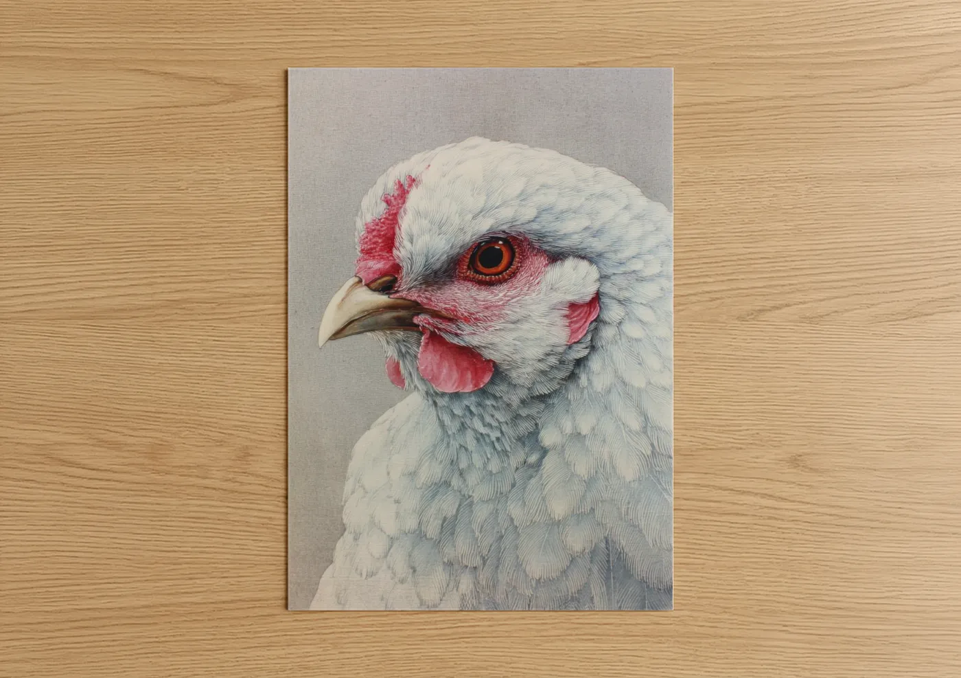 Chicken and roosters art print on warm oak wood — white and red palette — White Rooster Portrait poster