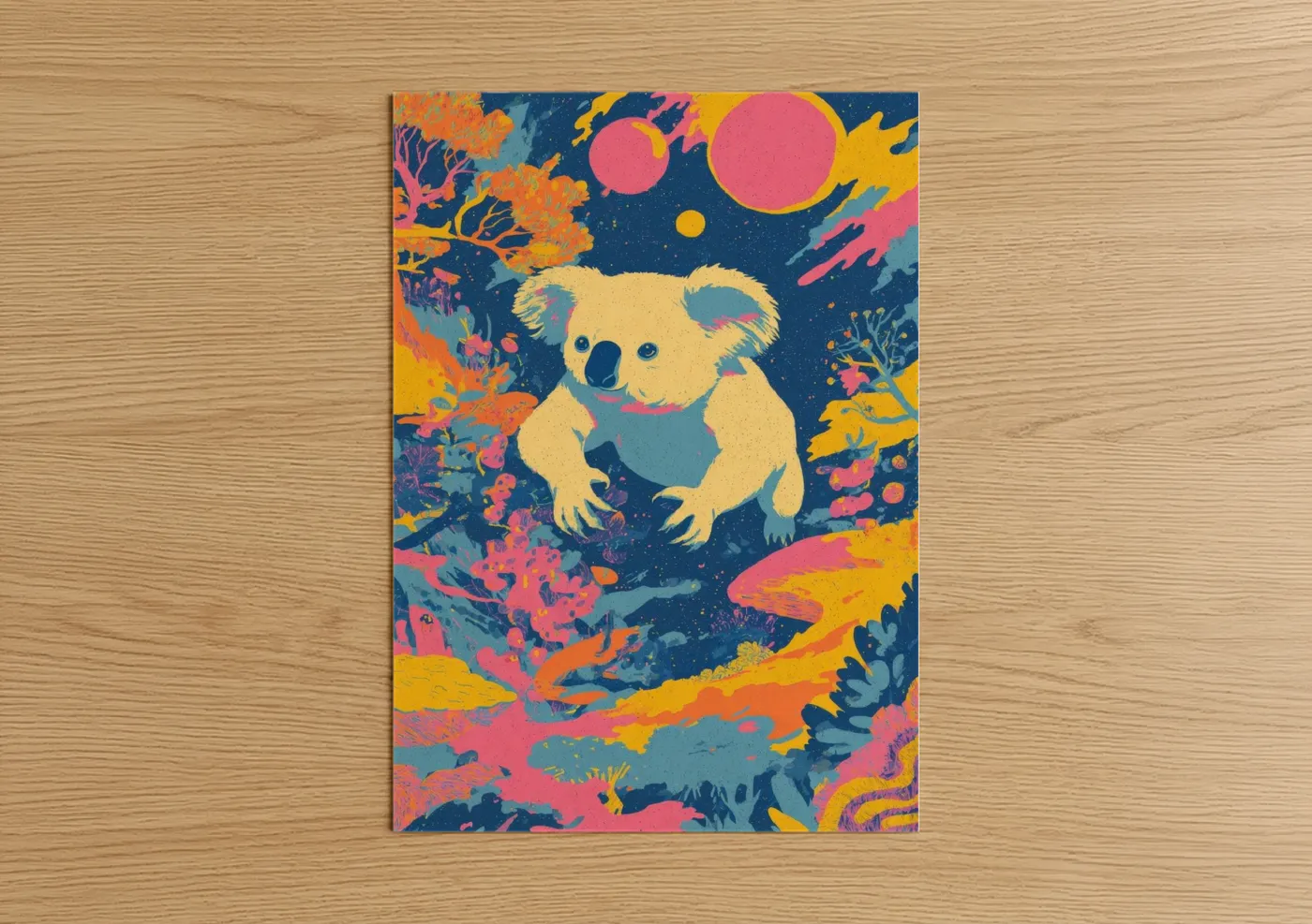 Art print on warm oak wood — blue and orange palette — Cosmic Koala poster