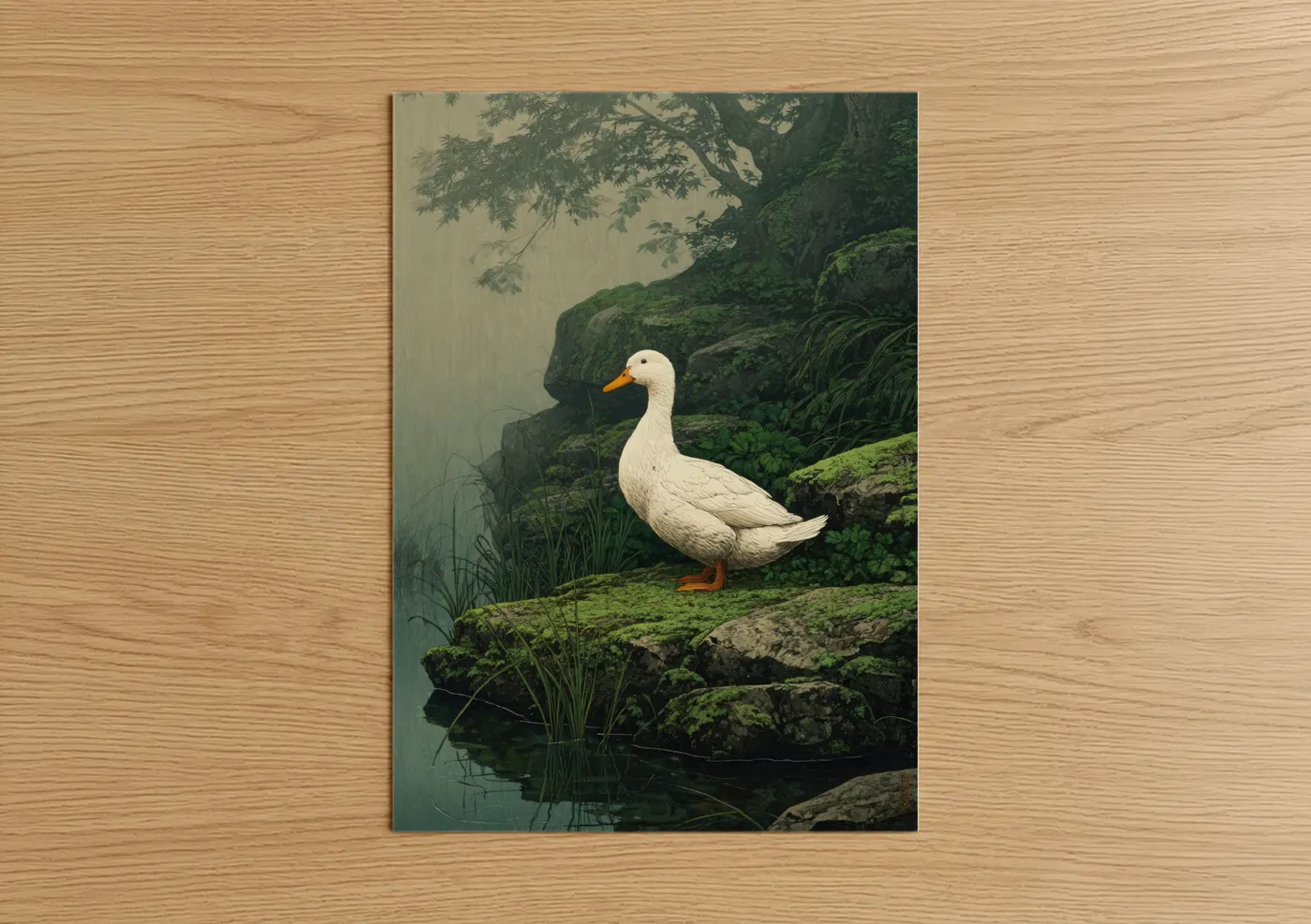 Ducks art print on warm oak wood — dark green and white palette — Misty Duck poster
