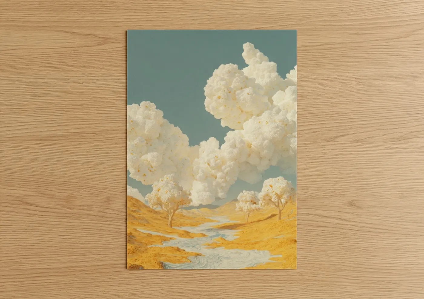 Art print on warm oak wood — gold and teal palette — Golden Popcorn Landscape poster