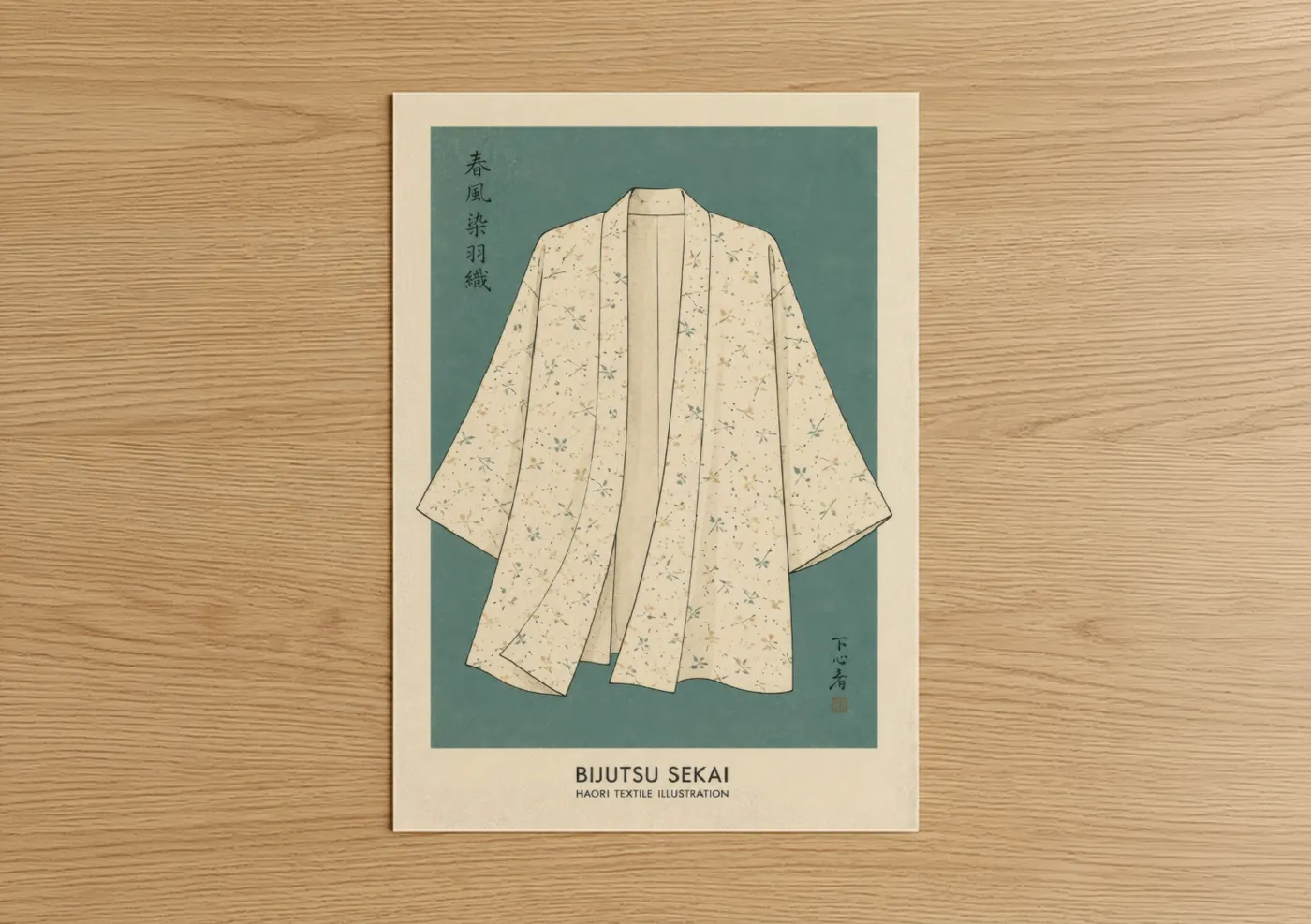 Art print on warm oak wood — cream and sage green palette — Japanese Kimono Fashion Illustration Wall Art poster