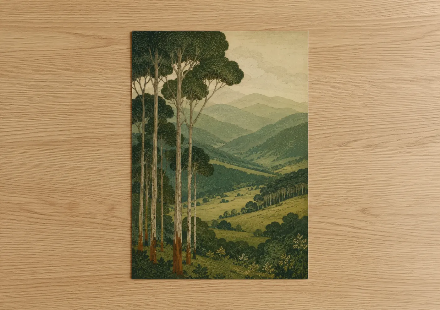 Eucalyptus forest art print on warm oak wood — true green and beige palette — Eucalyptus Valley Landscape Wall Art poster