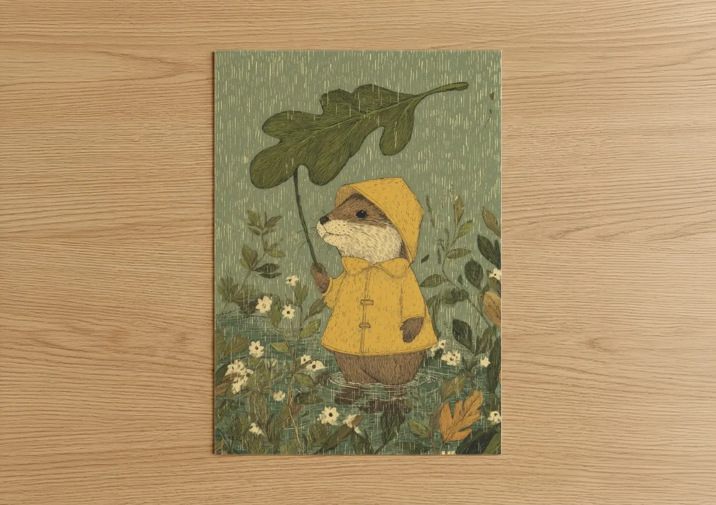 Rainy Day Weasel in Yellow Raincoat Wall Art