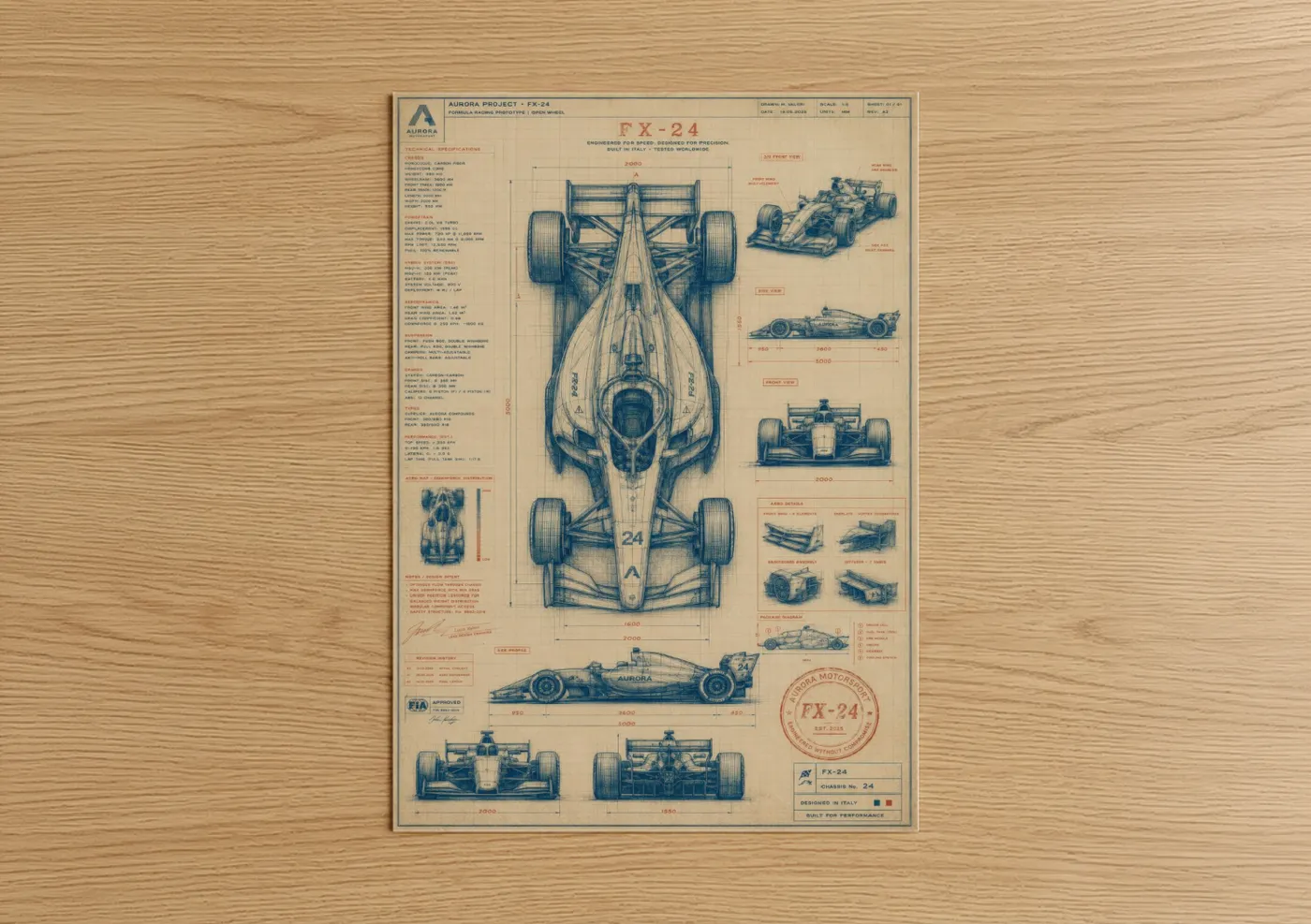 Car art print on warm oak wood — blue and beige palette — Formula Racing Blueprint Wall Art poster