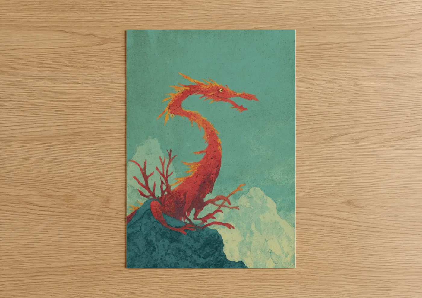 Crimson Mountain Dragon Watercolor Wall Art