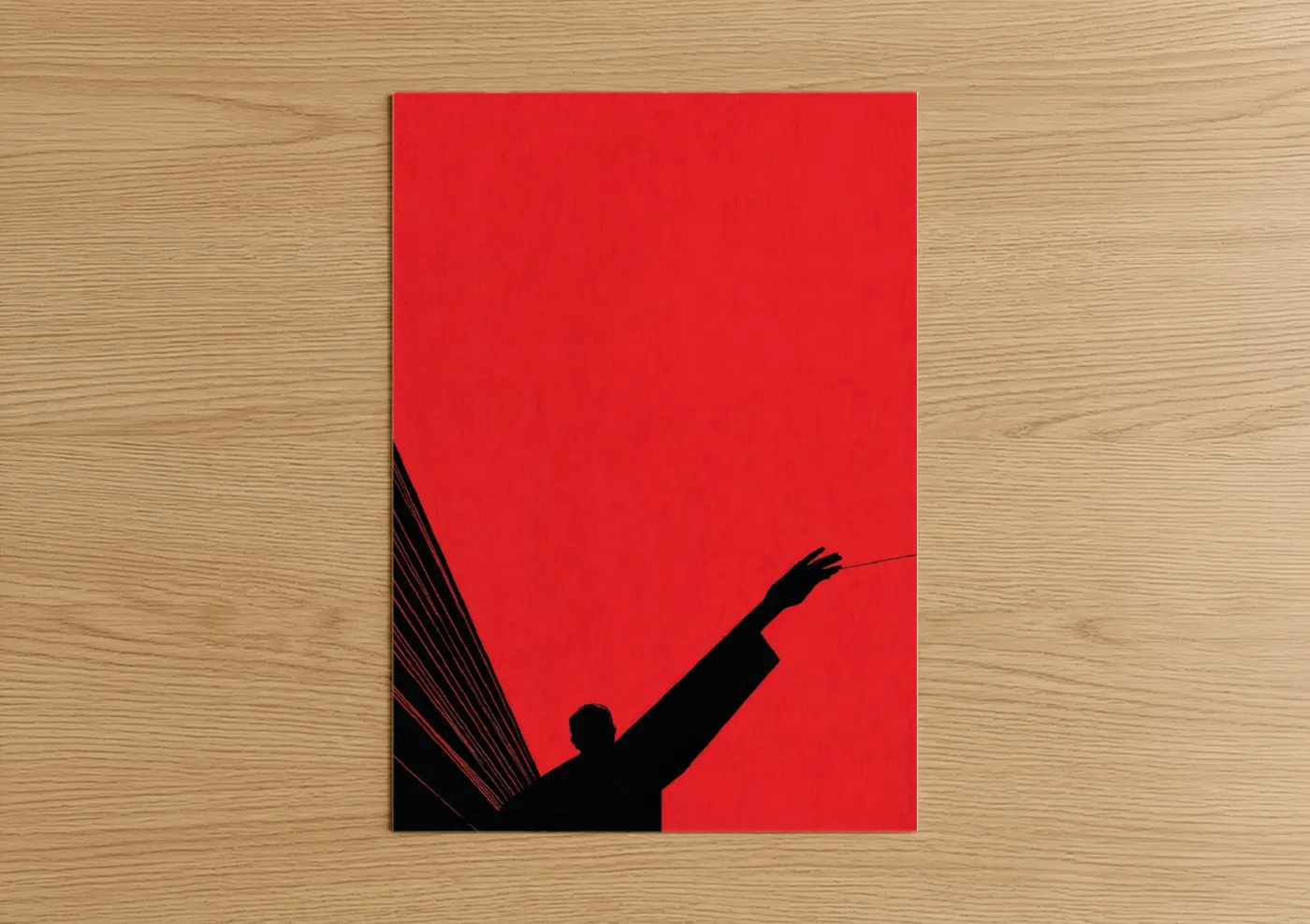 Art print on warm oak wood — red and black palette — Bold Theater Silhouette poster