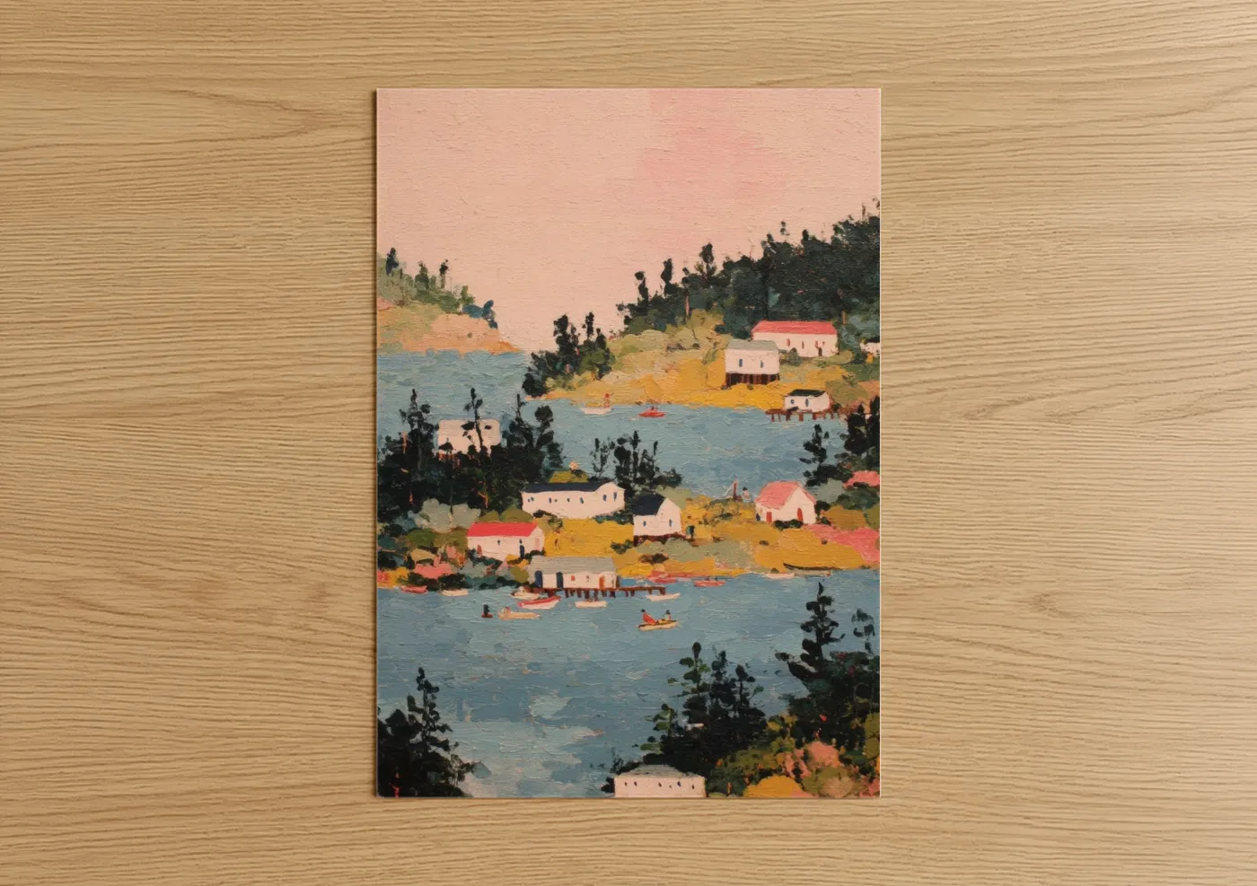 Art print on warm oak wood — peach and blue palette — Lakeside Island Village poster