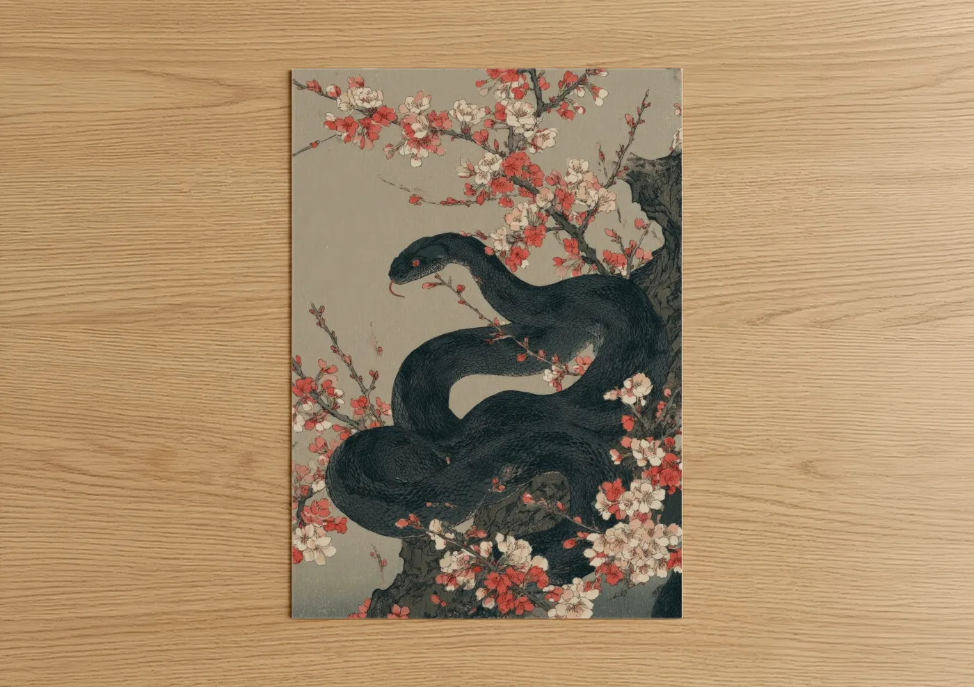 Art print on warm oak wood — cream and salmon pink palette — Cherry Blossom Python poster