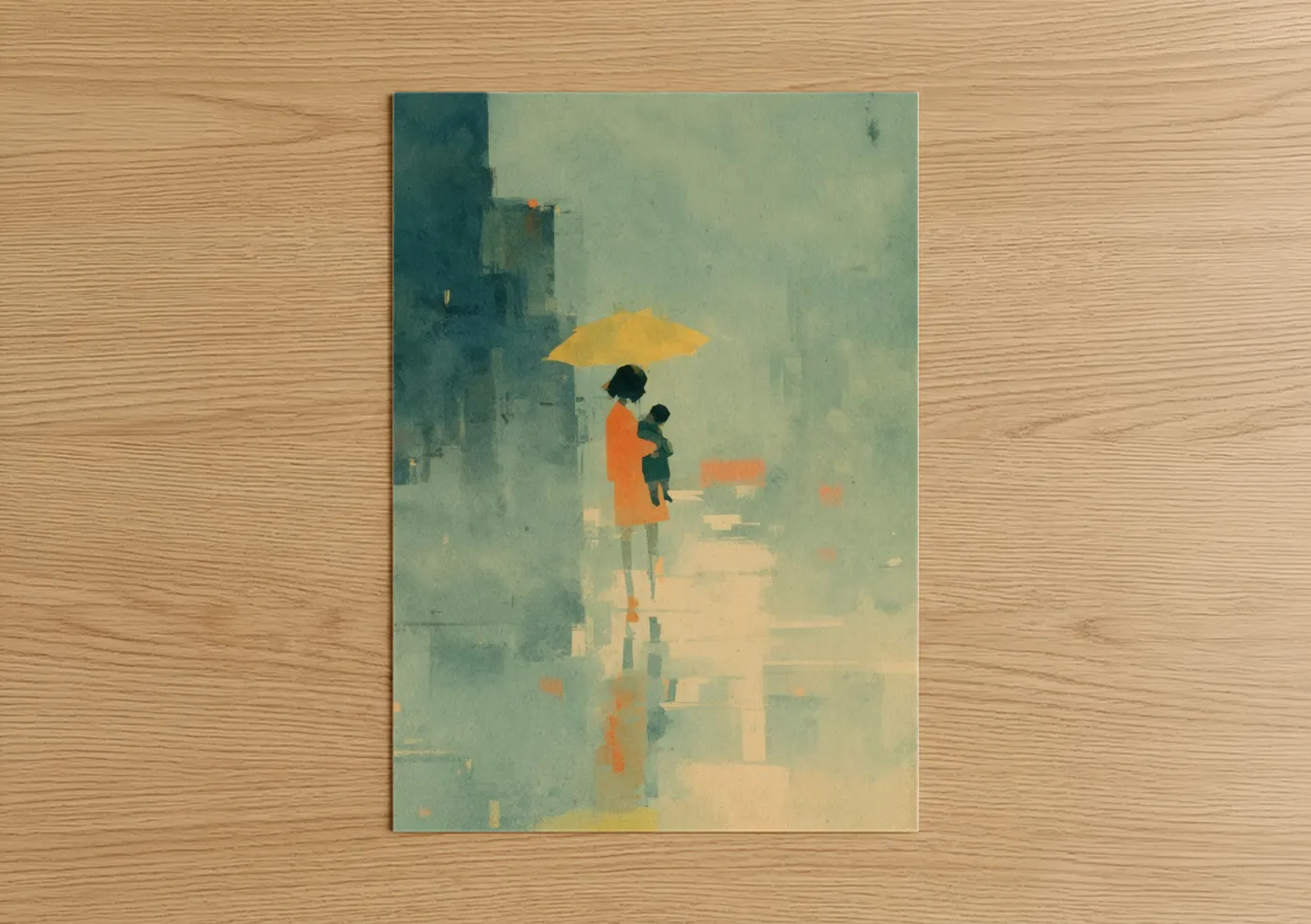 Mother and Child Rainy Day Yellow Umbrella Wall Art