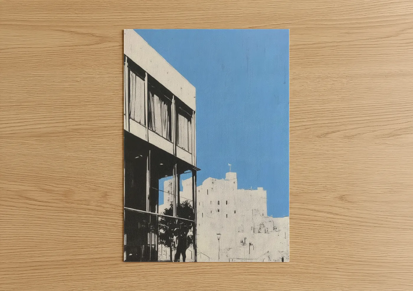 Abstract architecture art print on warm oak wood — blue and black and white palette — Modernist Geometry poster