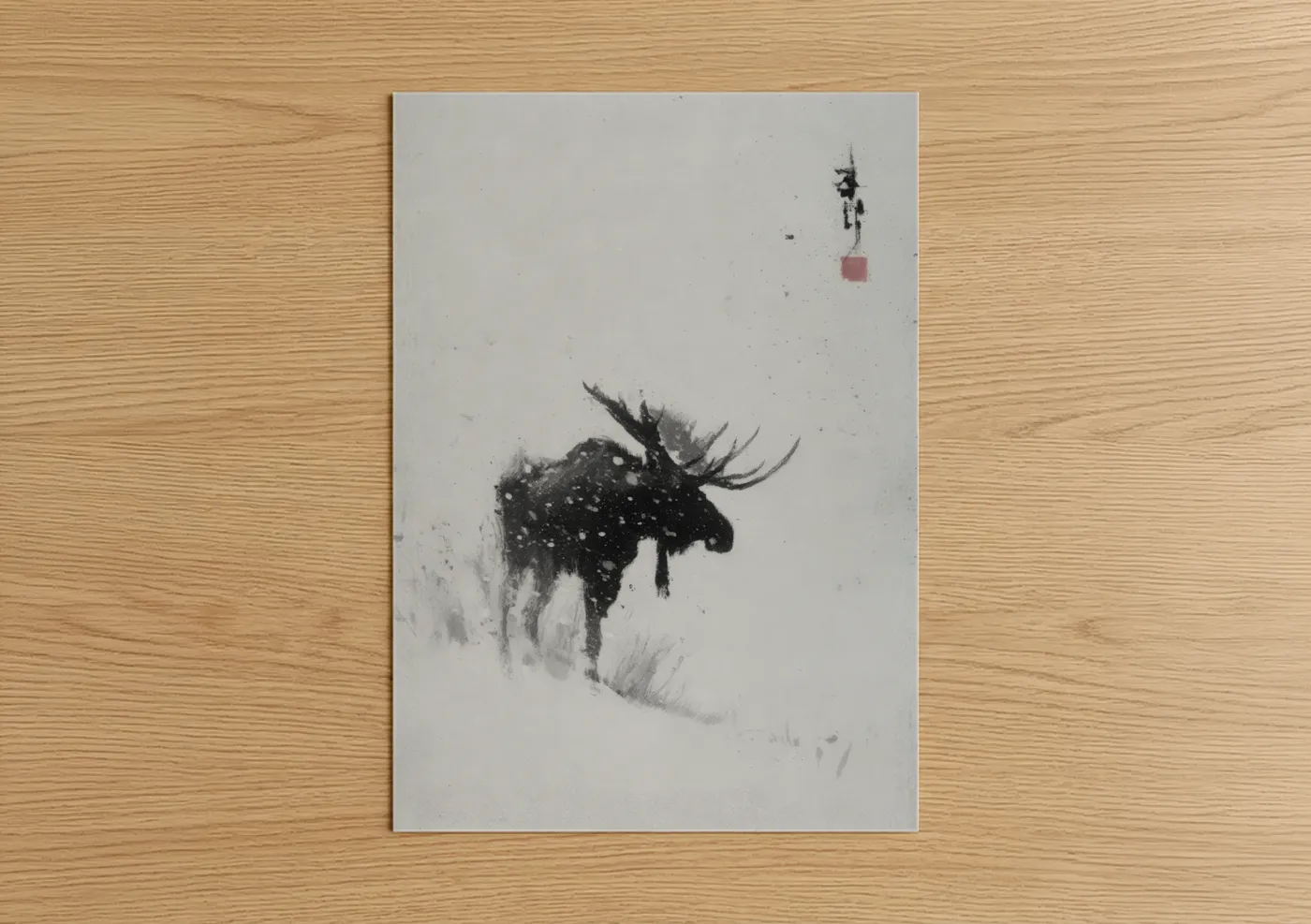 Art print on warm oak wood — black and white and gray palette — Snowy Moose poster