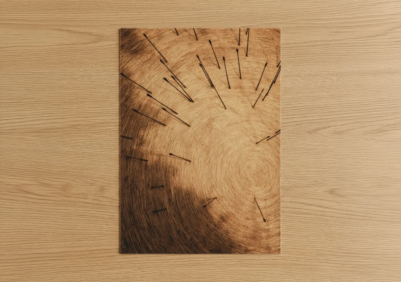 Archery art print on warm oak wood — brown and gold palette — Bullseye Target poster