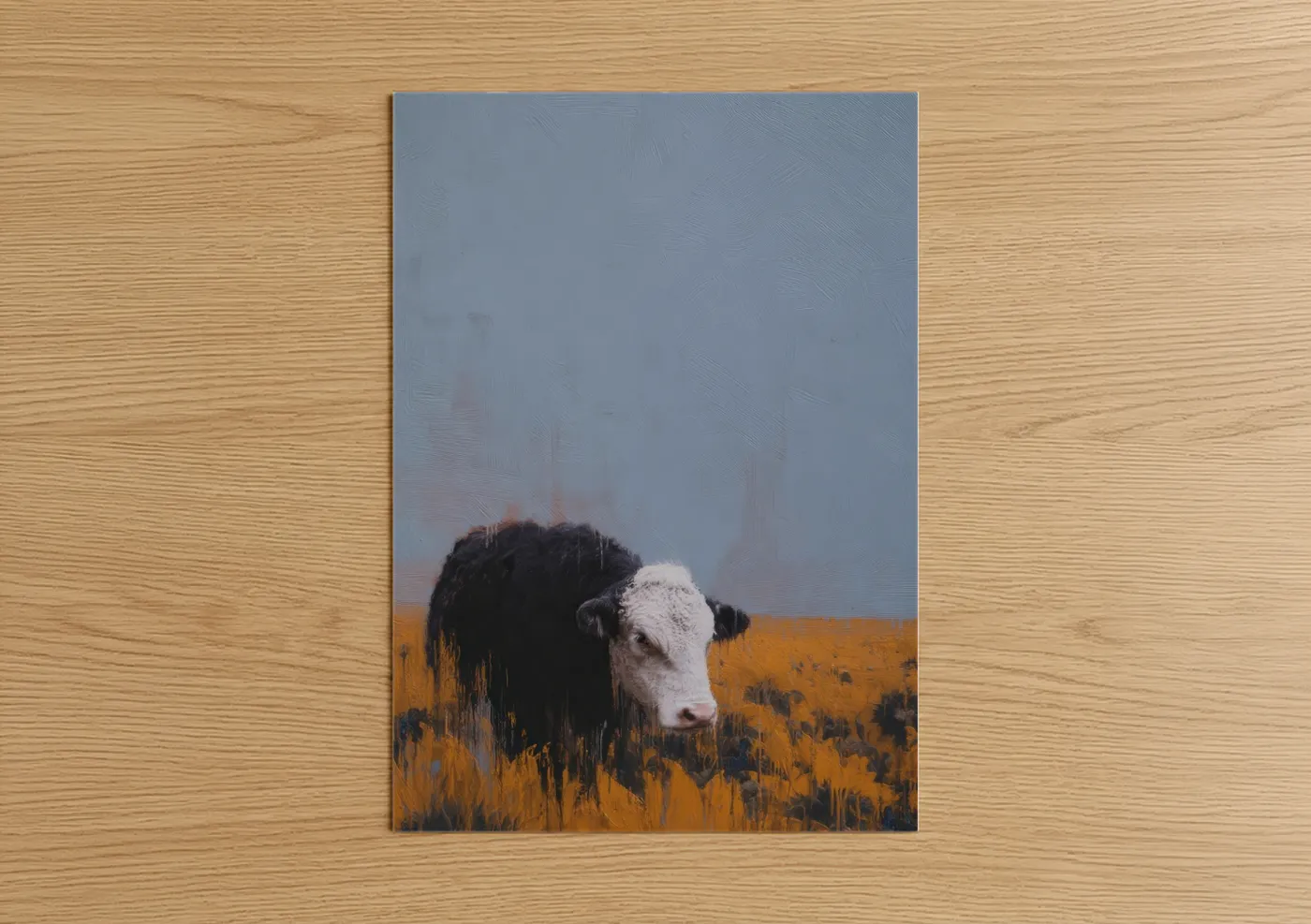 Art print on warm oak wood — blue and gold and black and white palette — Misty Angus Cow poster